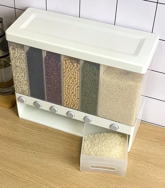 ОРГАНАЙЗЕР для сыпучих продуктов Assorted Grain Rice Bucket Диспенсер, с кнопкой дозатором для круп 6 секций