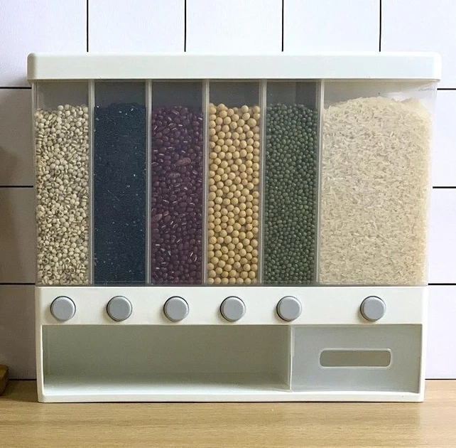 ОРГАНАЙЗЕР для сыпучих продуктов Assorted Grain Rice Bucket Диспенсер, с кнопкой дозатором для круп 6 секций