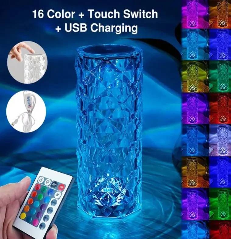 Настольная аккумуляторная лампа с пультом 22см ночник Роза с пультом RGB Crystal Rose.
