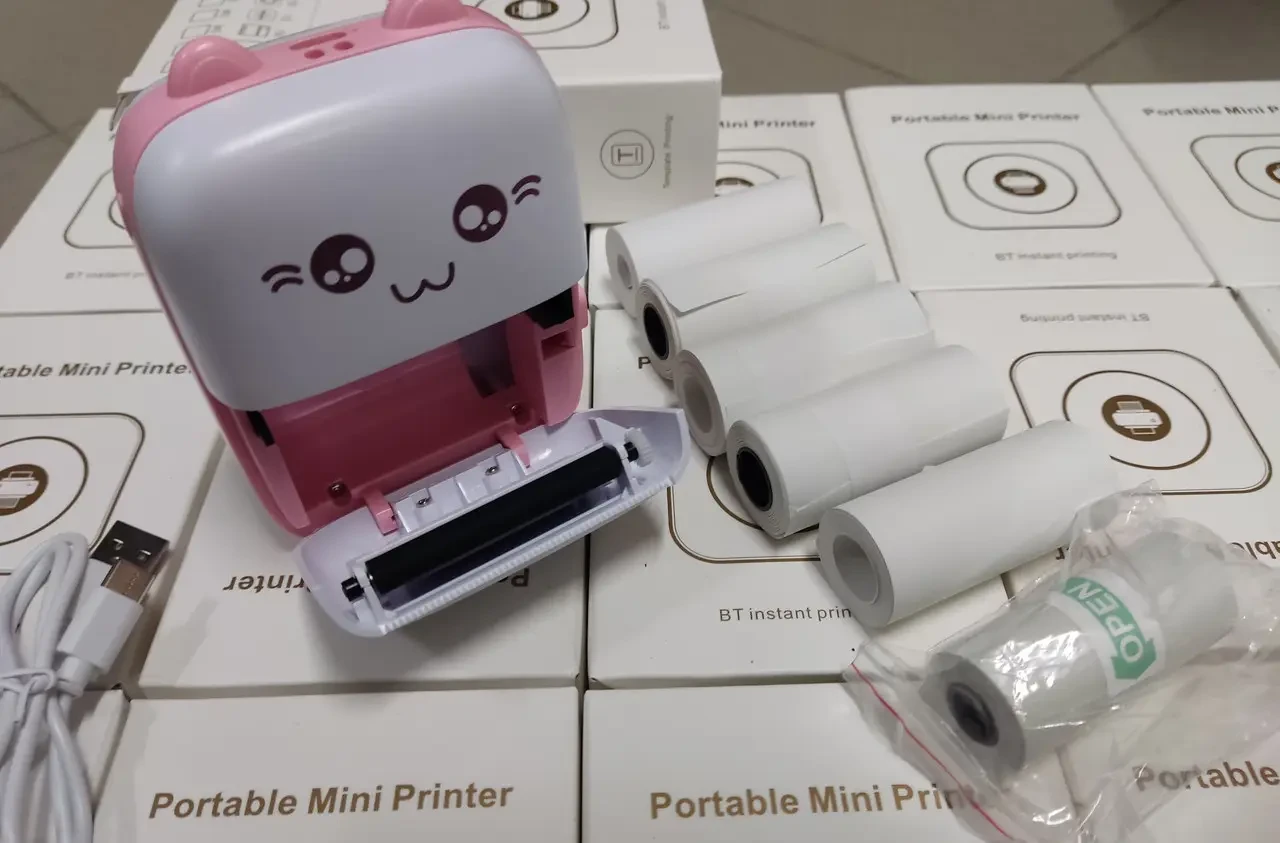 Портативный Розовий мини принтер 1 рулон Mini Printer термопринтер карманный детский принтер термо принтер