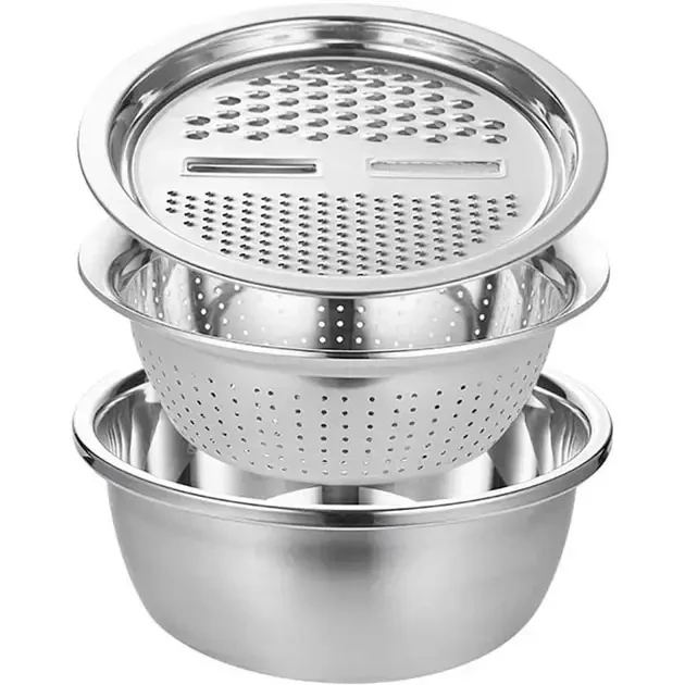 Многофункциональный кухонный набор из нержавеющей стали 3 в 1 Metal Basket Cutter Миска дуршлаг и терка