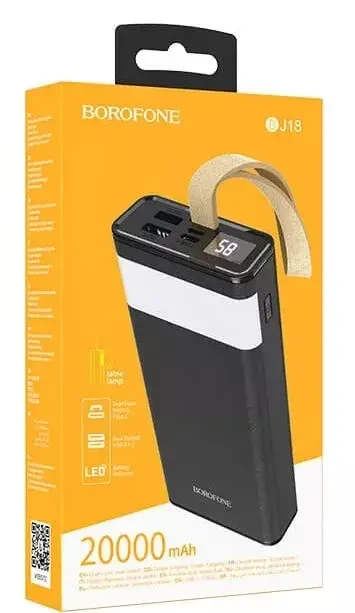 Повербанк BOROFONE BJ18-20000мАч Power Bank с цифровым дисплеем, фонарем, 2хUSB Черный BYT