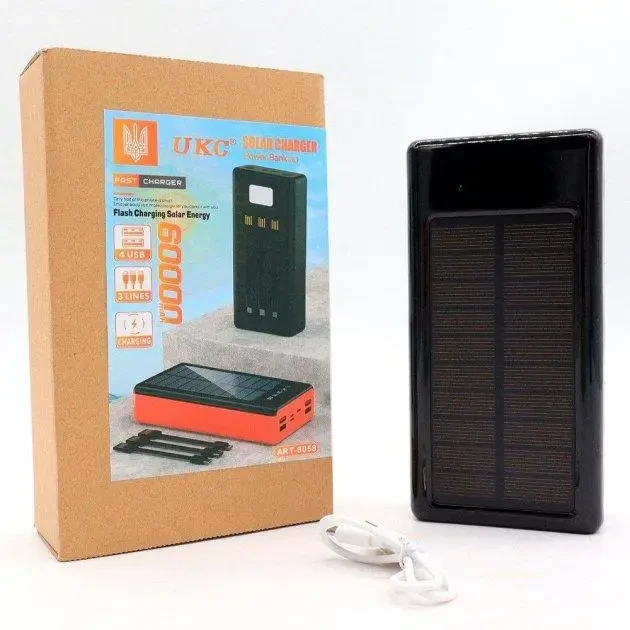 Потужний портативний Powerbank UKC 8058 Solar Charger 60 000MAh, із сонячною панеллю, кабелями та ліхтариком