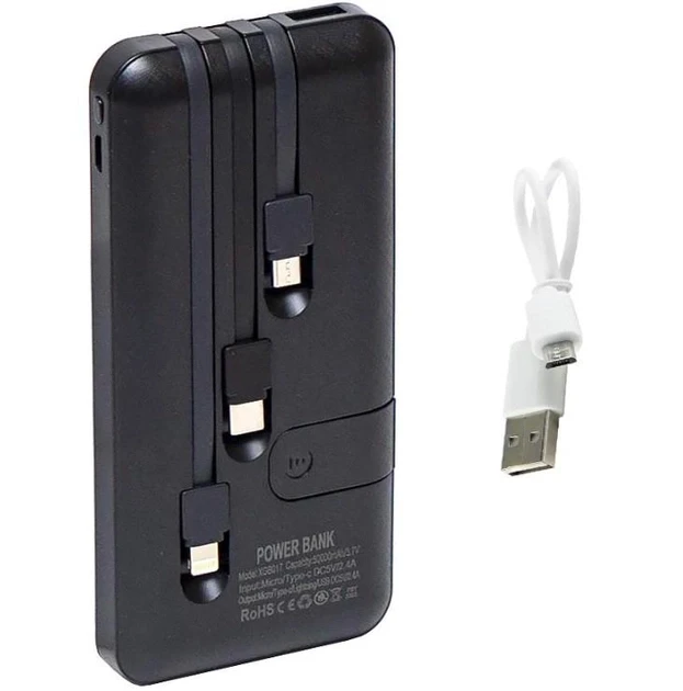 Павербанк 50000 mAh встроенные кабели USB, micro USB, Type-C, Lightning с Подставкой для телефона, Портативна