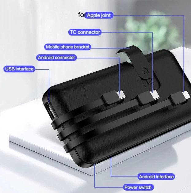 Павербанк 50000 mAh встроенные кабели USB, micro USB, Type-C, Lightning с Подставкой для телефона, Портативна