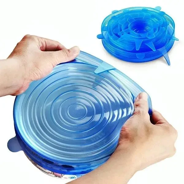 Набор многоразовых силиконовых крышек для посуды 6 штук Super Stretch SILICONE Lids СИНИЕ