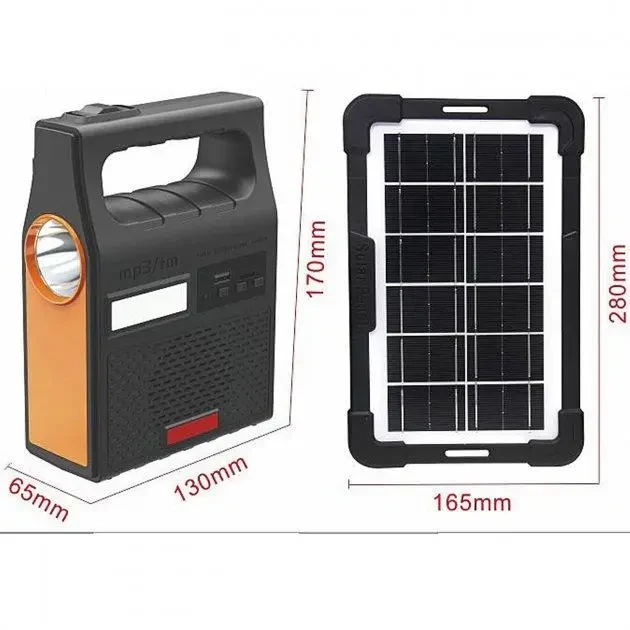 Портативная солнечная станция YOBOLIFE 3601-LM-6V функция Power Bank, мощный фонарь, FM радио, MP3 + 2 лампы