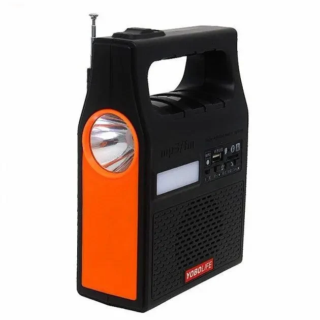 Портативная солнечная станция YOBOLIFE 3601-LM-6V функция Power Bank, мощный фонарь, FM радио, MP3 + 2 лампы