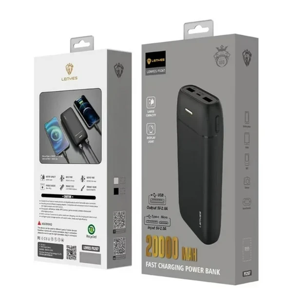 Портативная универсальная батарея LENYES PX267 Black 20000mAh 2A 5W USB,Type-C,MicroUSB