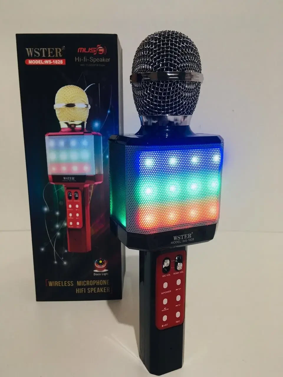 Караоке микрофон WSTER WS-1828 c LED подсветкой (4 Голоса/USB/Bluetooth)