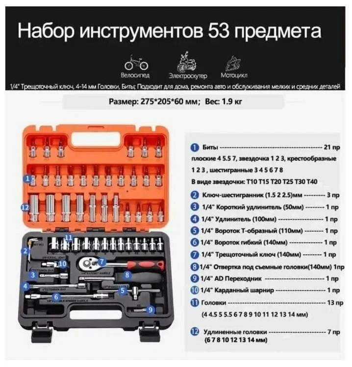 Набор торцевых головок бит с трещеткой 1/4" удлинитель вороток ключи, SHUNDA 53 предмета