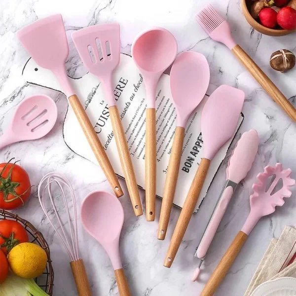 Набір кухонного приладдя силікон 12 предметів Kitchen Set, Кухонний набір у склянці RD-1204 Рожевий