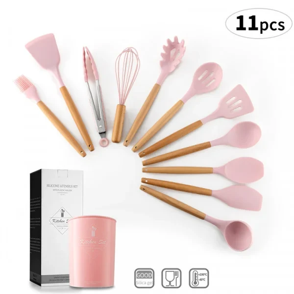 Набір кухонного приладдя силікон 12 предметів Kitchen Set, Кухонний набір у склянці RD-1204 Рожевий