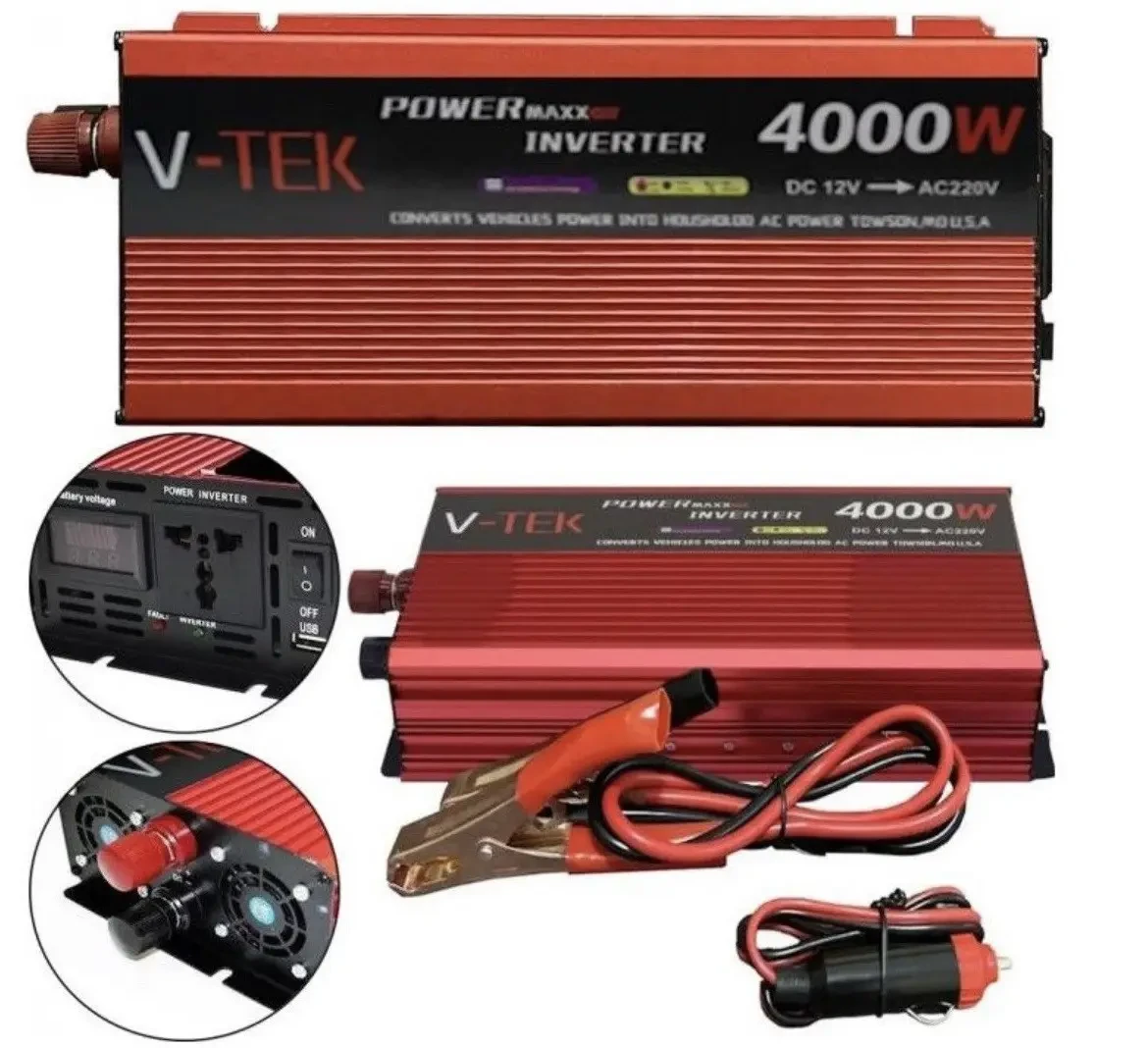 Преобразователь напряжения инвертор с дисплеем V-TEK 4000W 12-220V Автомобильный преобразователь