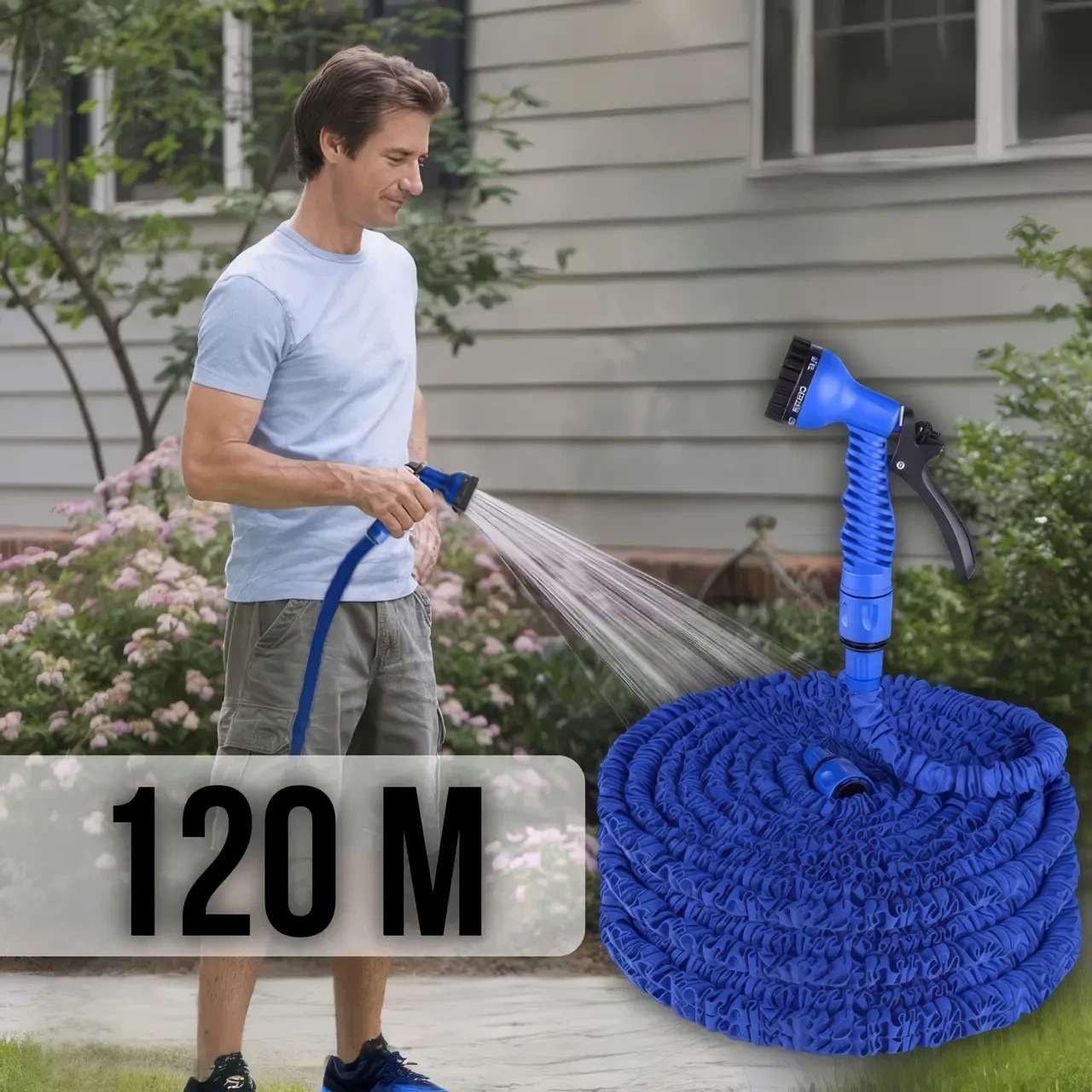 Шланг садовий 120 м для поливу з розпилювачем 7 режимів роботи V-HOSE PRO Синій