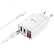 Зарядное устройство 220В 2 USB с кабелем USB - Micro USB Hoco C86A Illustrious с экраном Белый