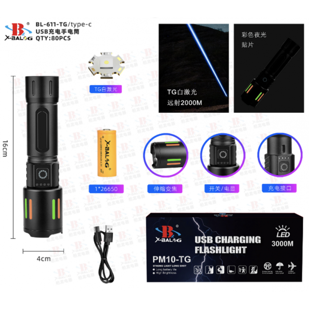 Фонарь ручной FLUORESCENCE BL-611-TG, индикация заряда, 1x26650/3xAAA, ЗУ Type-C, zoom