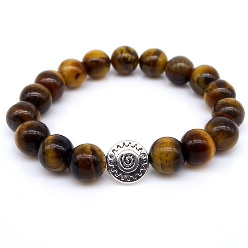 Браслет на гумці з натурального каменю "Тигрове око" металева фурнітура під срібло. Діаметр намистин: 