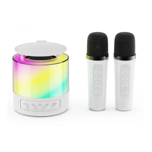 Портативна колонка K19 Bluetooth з LED-підсвіткою, 2 мікрофони, біла, караоке
