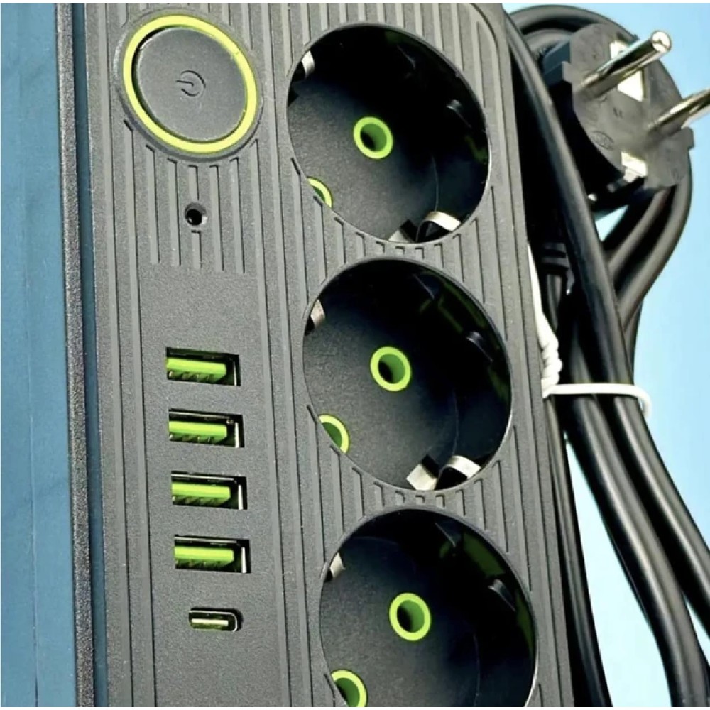 Мережевий фільтр живлення UA Power Socket F09U на 6 метрів 3 розетки +4 USB + Type-C Port, мережевий подовжувач Мережевий фільтр живлення UA Power Socket F09U на 6 метрів 3 розетки +4 USB + Type-C Port, мережевий подовжувач