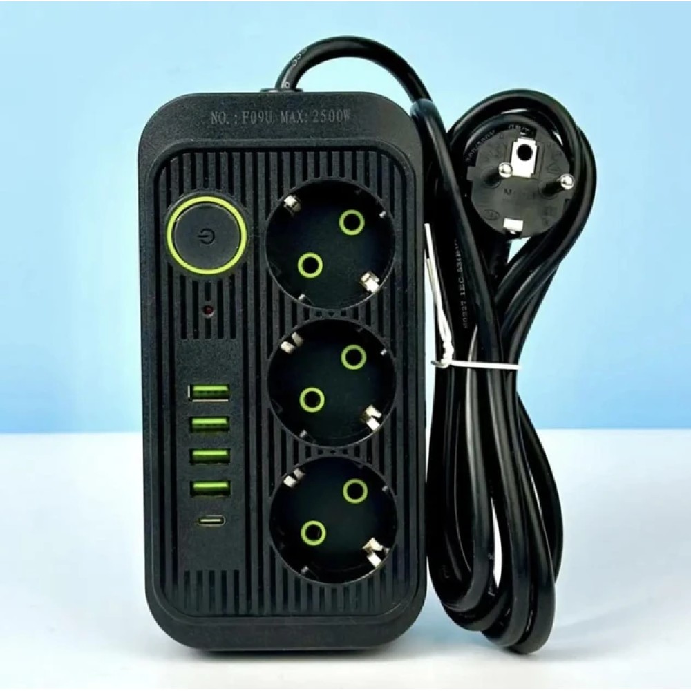 Мережевий фільтр живлення UA Power Socket F09U на 6 метрів 3 розетки +4 USB + Type-C Port, мережевий подовжувач Мережевий фільтр живлення UA Power Socket F09U на 6 метрів 3 розетки +4 USB + Type-C Port, мережевий подовжувач