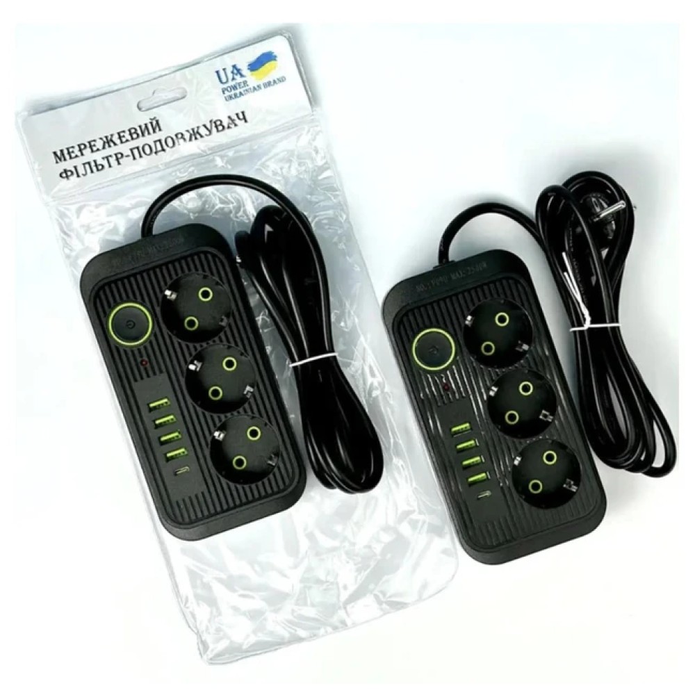 Мережевий фільтр живлення UA Power Socket F09U на 6 метрів 3 розетки +4 USB + Type-C Port, мережевий подовжувач Мережевий фільтр живлення UA Power Socket F09U на 6 метрів 3 розетки +4 USB + Type-C Port, мережевий подовжувач