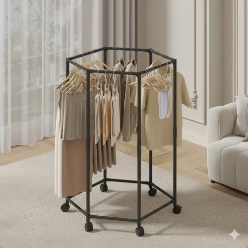 Підлогова вішалка для одягу з поворотним механізмом на 360° і колесами