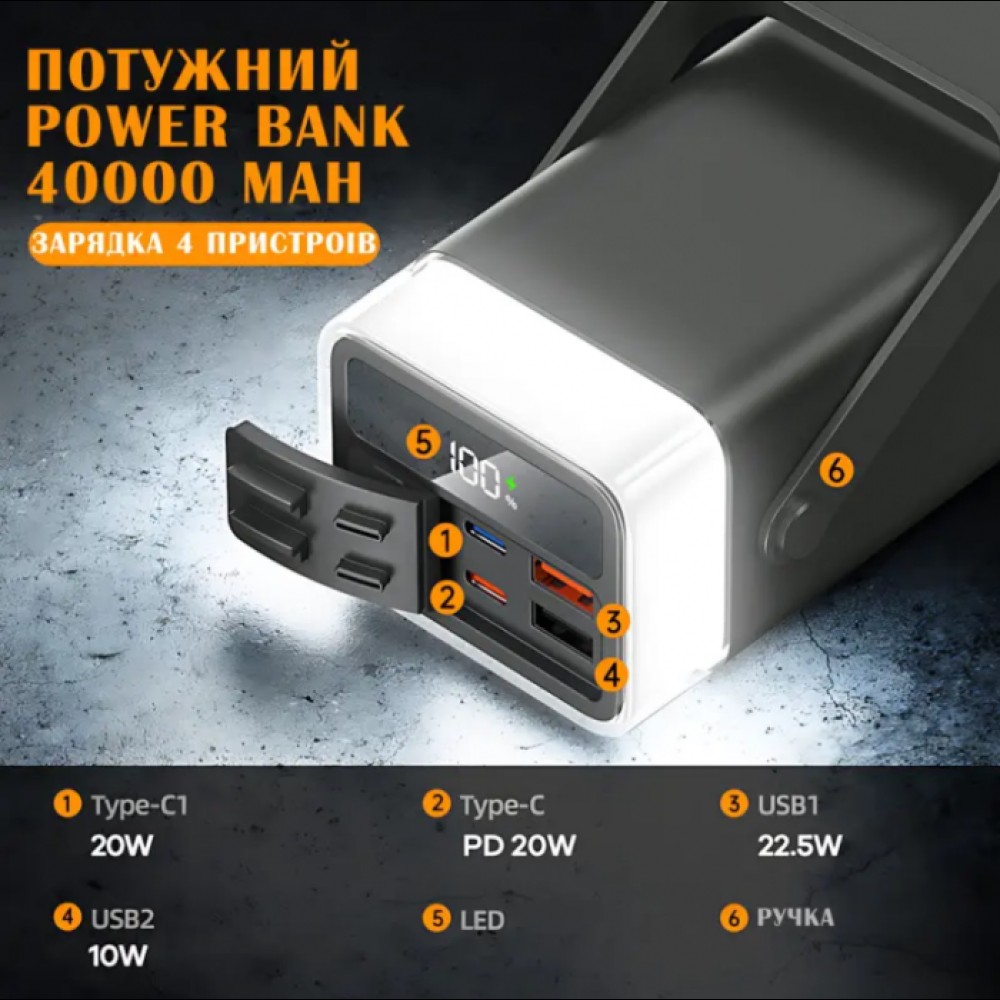 Внешний аккумулятор Power bank LENYES PX492D 40000 mAh, PD22,5W + быстрая зарядка с RGB подсветкой Черный Внешний аккумулятор Power bank LENYES PX492D 40000 mAh, PD22,5W + быстрая зарядка с RGB подсветкой Черный
