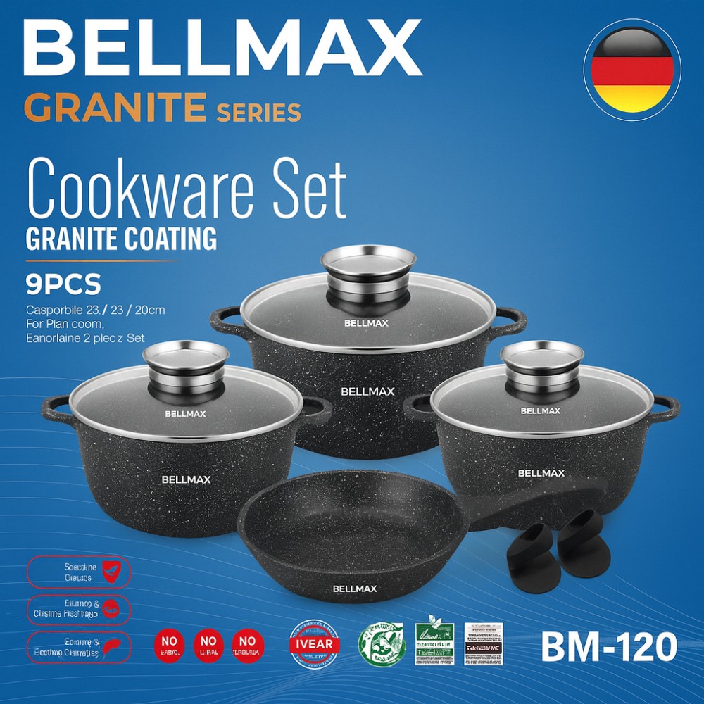 Набор кухонной посуды Bellmax BM-120 Черный из литого алюминия с гранитным покрытием, 9 предметов Набор кухонной посуды Bellmax BM-120 Черный из литого алюминия с гранитным покрытием, 9 предметов