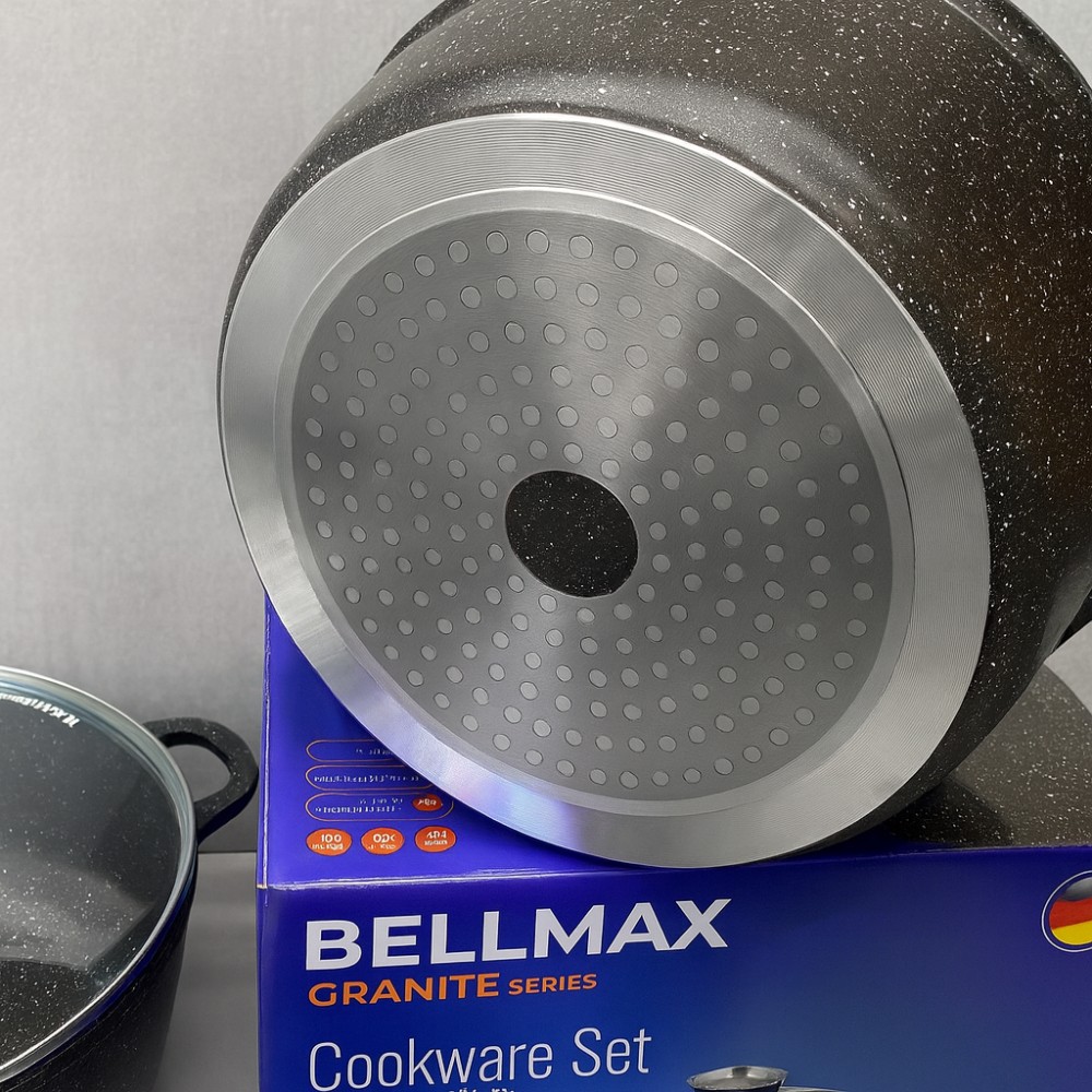 Набор кухонной посуды Bellmax BM-120 Черный из литого алюминия с гранитным покрытием, 9 предметов Набор кухонной посуды Bellmax BM-120 Черный из литого алюминия с гранитным покрытием, 9 предметов