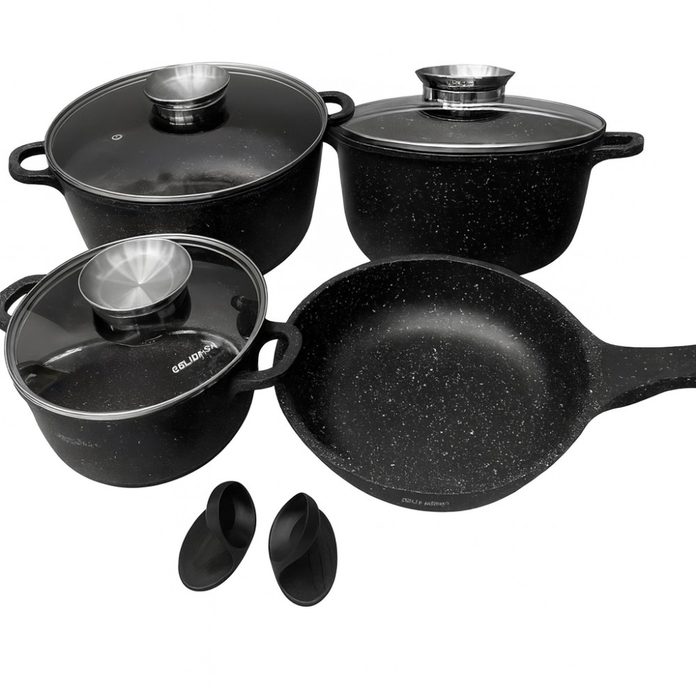 Набор кухонной посуды Bellmax BM-120 Черный из литого алюминия с гранитным покрытием, 9 предметов Набор кухонной посуды Bellmax BM-120 Черный из литого алюминия с гранитным покрытием, 9 предметов