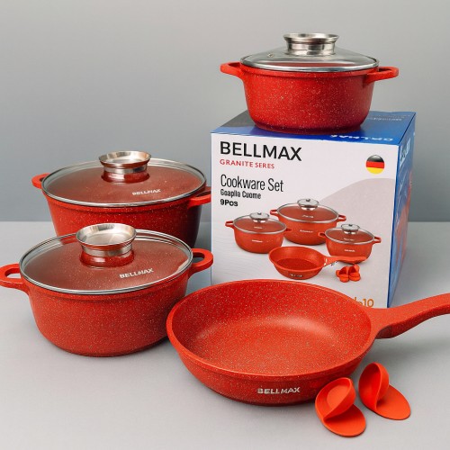 Набор кухонной посуды с гранитным антипригарным покрытием Красный на 9 предметов Bellmax Cookware BM-120