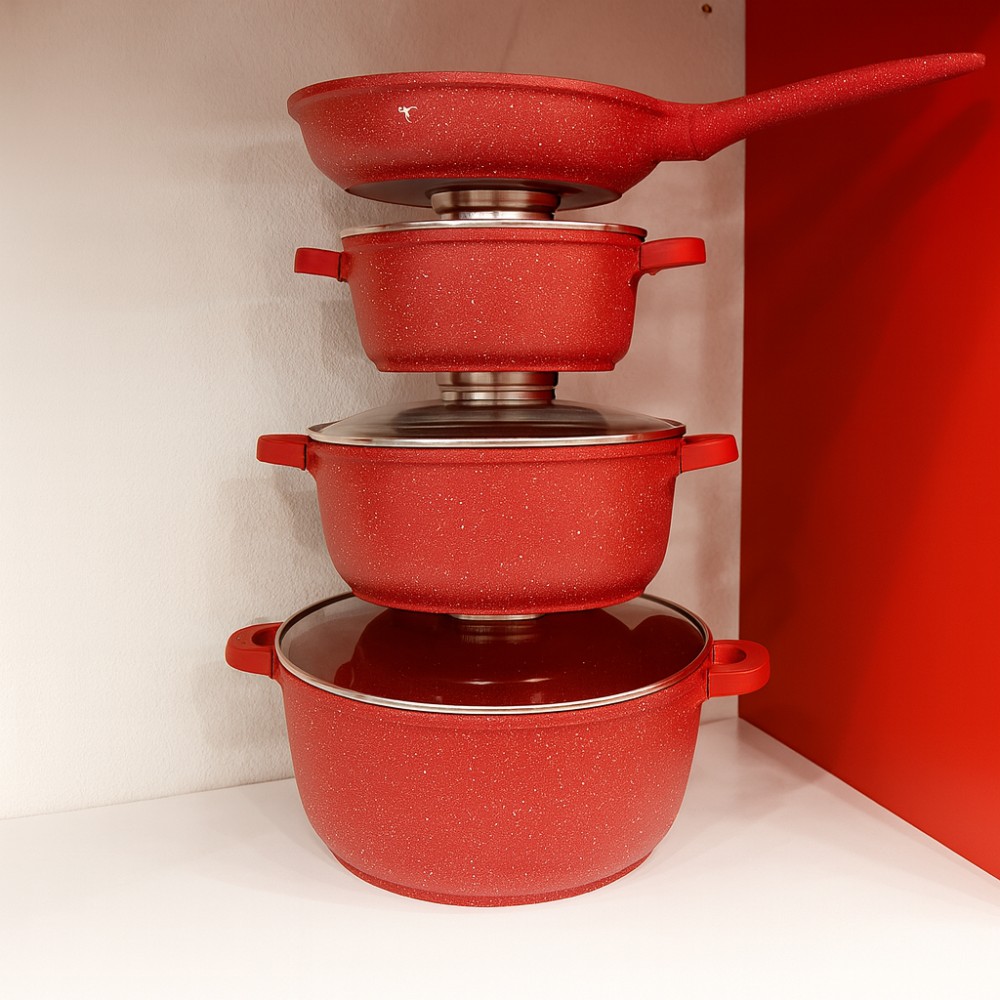 Набор кухонной посуды с гранитным антипригарным покрытием Красный на 9 предметов Bellmax Cookware BM-120 Набор кухонной посуды с гранитным антипригарным покрытием Красный на 9 предметов Bellmax Cookware BM-120