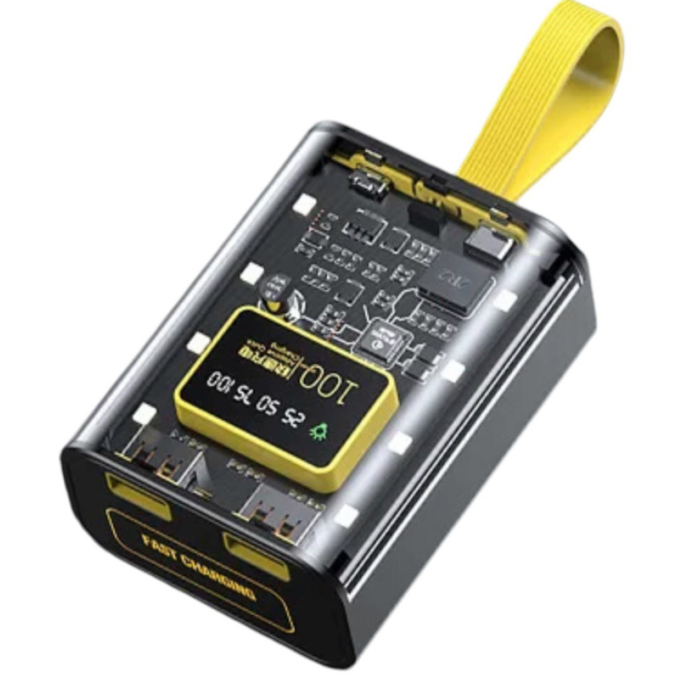 Корпус повербанку під АКБ 3x18650, LED Display, світильник 8 діодів, 10W 2xUSB-A, in: Type-C, MicroUSB | black-yellow-transparent