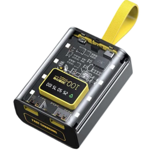 Корпус повербанку під АКБ 3x18650, LED Display, світильник 8 діодів, 10W 2xUSB-A, in: Type-C, MicroUSB | black-yellow-transparent