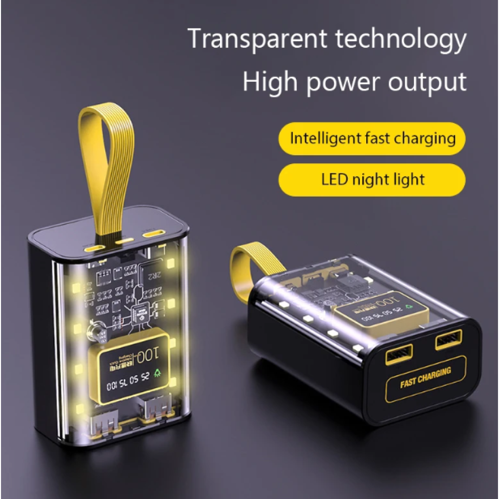 Корпус повербанку під АКБ 3x18650, LED Display, світильник 8 діодів, 10W 2xUSB-A, in: Type-C, MicroUSB | black-yellow-transparent