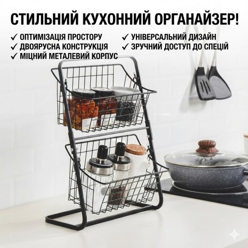 Кухонный металлический органайзер Storage Rack, двухъярусная полка 39×28×18 см, черный