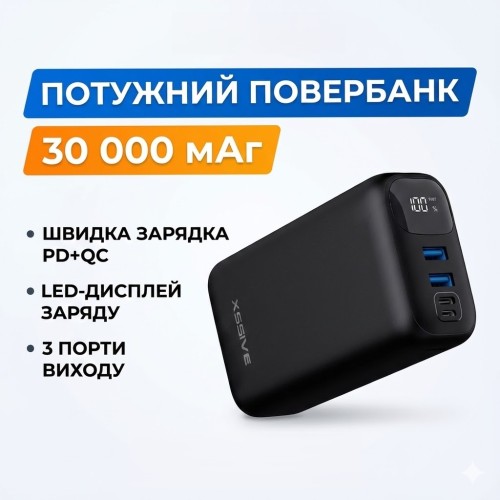 Повербанк XSSIVE 30000 mAh Fast Charge QC/PD з LED-дисплеєм XSS-PB23 Чорний