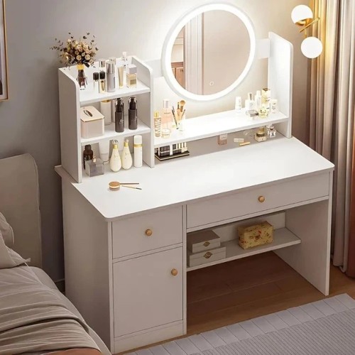 Туалетний столик STL-MD 73 з дзеркалом і LED-підсвіткою, з полицями та ящиками, білий