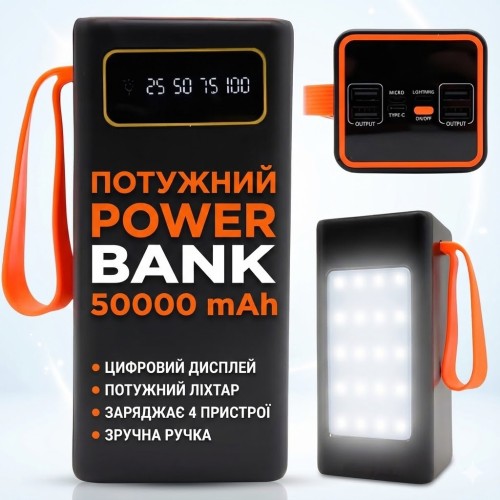 Повербанк JS-658 50000 mAh, 4×USB, Type-C + microUSB, зовнішній акумулятор із дисплеєм і ліхтариком, чорний