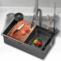 Кухонная мойка из нержавеющей стали 75×46 см с выдвижным смесителем и 3 режимами подачи воды “Водопад” 