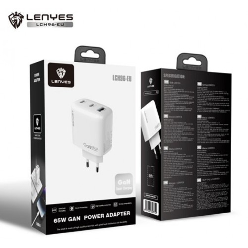 Сетевое зарядное устройство адаптер LENYES LCH96 1USB/2Type-C, 65W, поддержка быстрой зарядки PD/QC/FCP/AFC