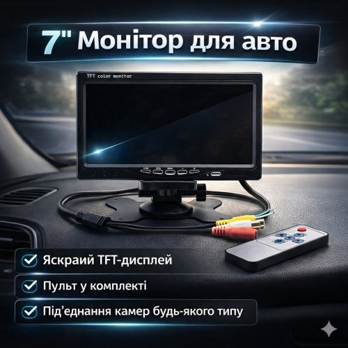 Автомобільний РК-монітор 7" для камер заднього огляду з двома відеовходами RCA та пультом ДК