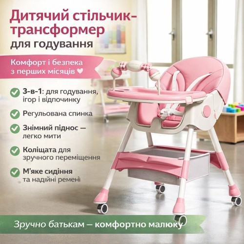 Дитячий стільчик-трансформер F005 для годування, ігровий і обідній, 3-в-1, рожевий