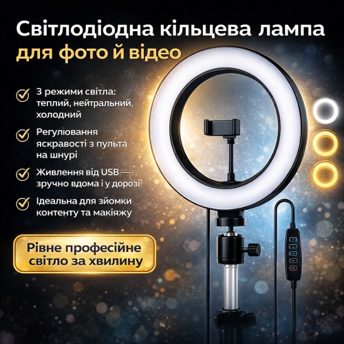 Кільцева LED-лампа 30 см QX-260 з тримачем для телефона, USB, регульованою яскравістю і колірною температурою