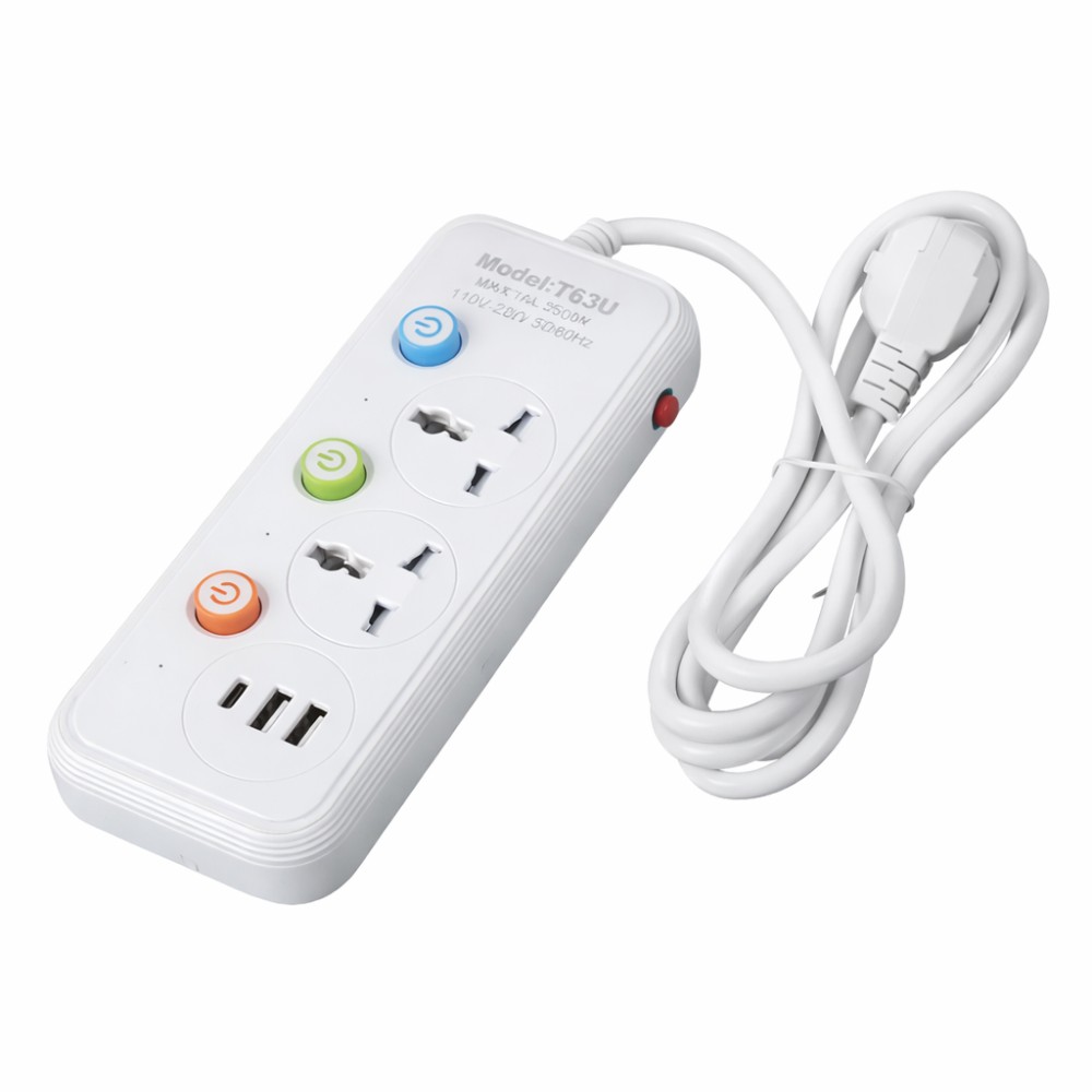 Подовжувач WL-2 на 1.8 м: мережевий фільтр з 2 розетками, портами Type-C і 2xUSB, 2500 Вт/переноска з юсб