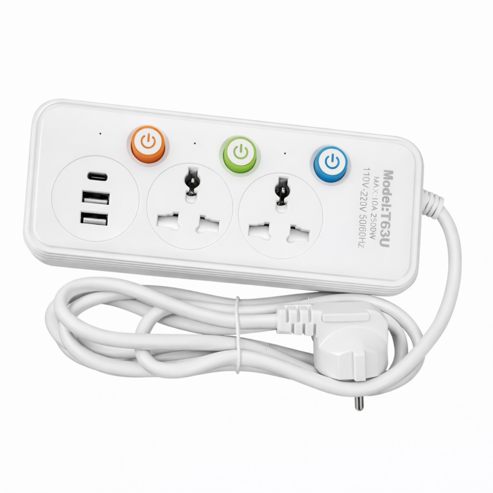 Подовжувач WL-2 на 1.8 м: мережевий фільтр з 2 розетками, портами Type-C і 2xUSB, 2500 Вт/переноска з юсб