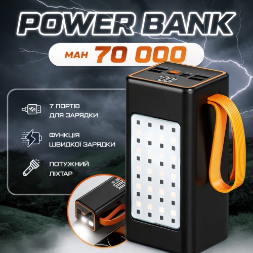 Потужний Power Bank 70000 mAh зі швидким заряджанням PD 20W, кемпінговою LED-лампою та цифровим дисплеєм