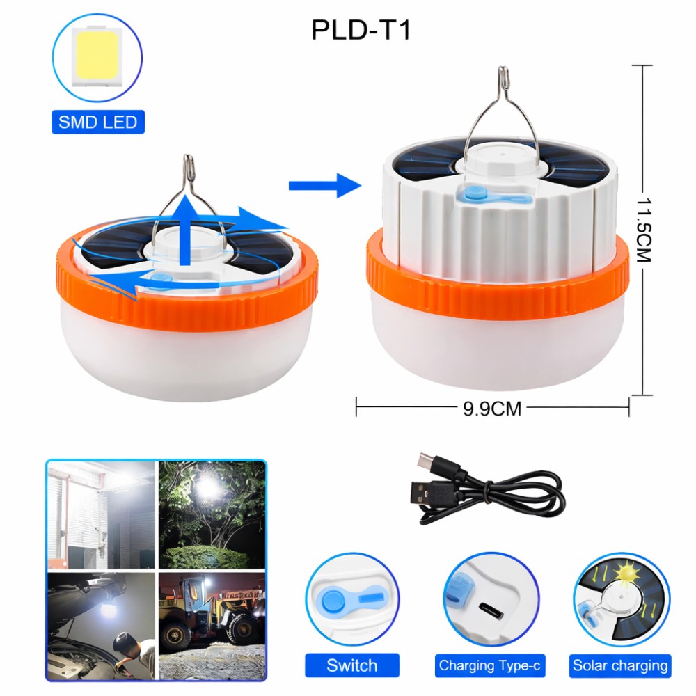 Світлодіодний кемпінговий ліхтар T100 2835-30D SMD на сонячній батареї, акумулятор Li-ion, заряджання USB Type-C