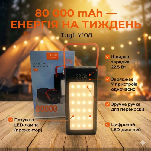 Портативний повербанк Tugii Y108 8000 мА·год з LED-ліхтарем і дисплеєм, швидке заряджання до 22,5 Вт, 7 вихідних портів, чорний ко